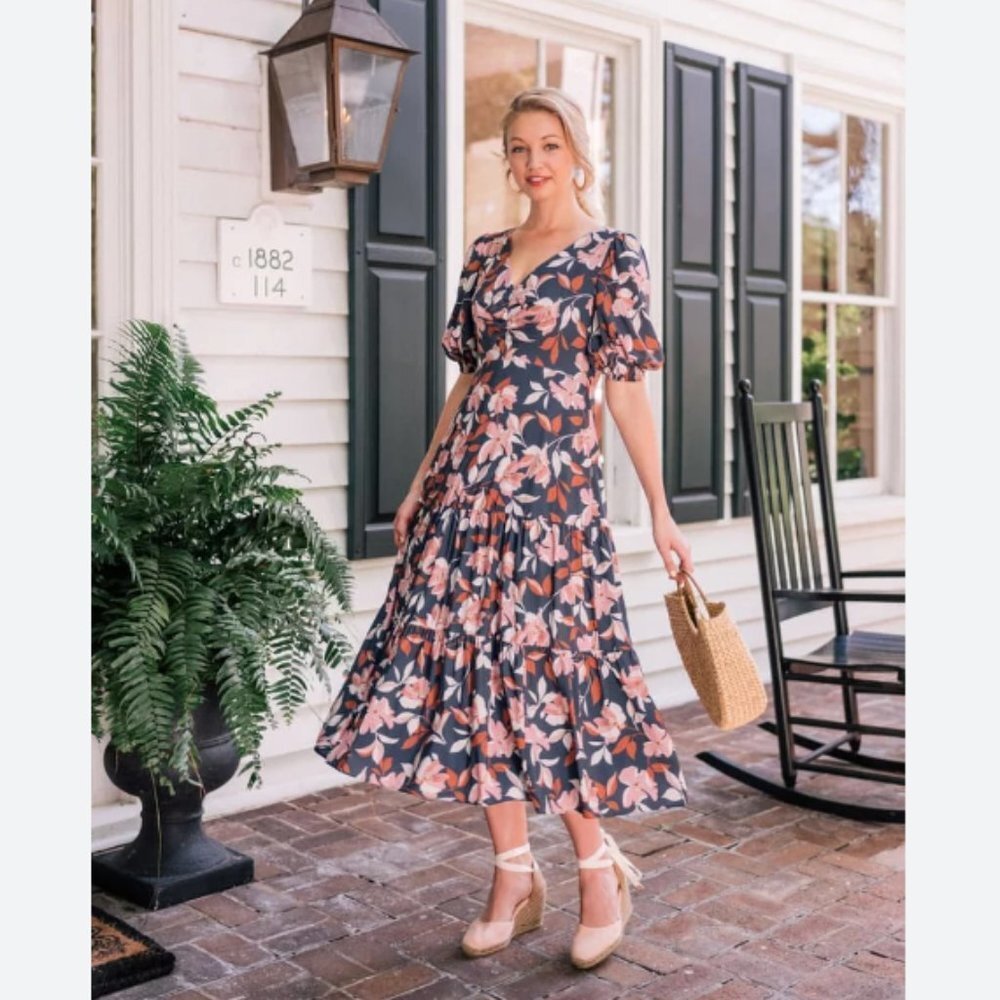 Gal Meets Glam Green Floral Midi Dress with Pink and Cream Blooms